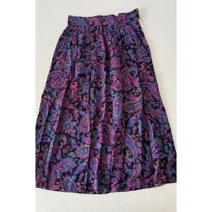 Vintage Paisley Midi Skirt Womens SZ 10 Purple Pink Black High Waist Pockets